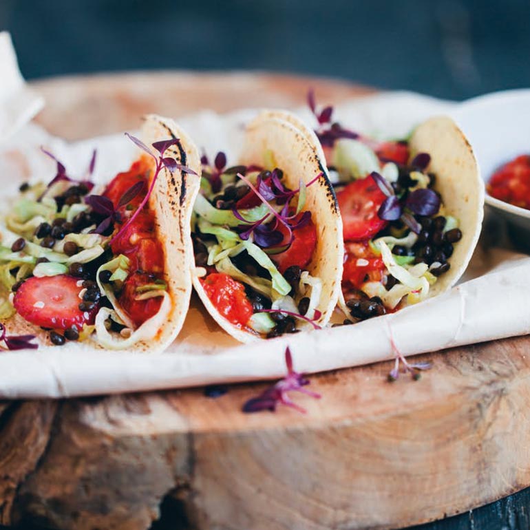 Taco’s met linzen & aardbeien