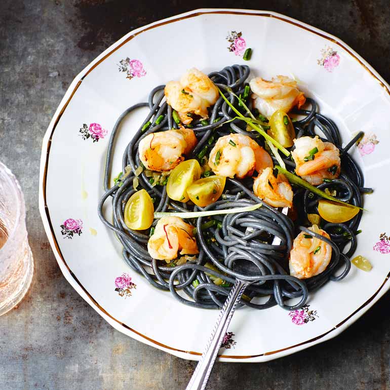 Zwarte spaghetti met garnalen