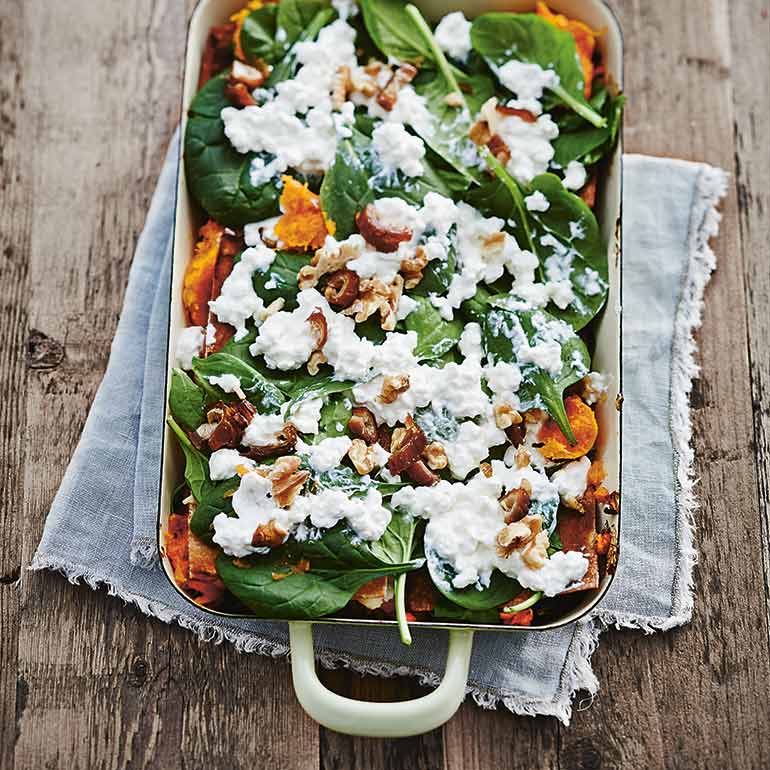 Pompoenspinazie lasagne met dadels 