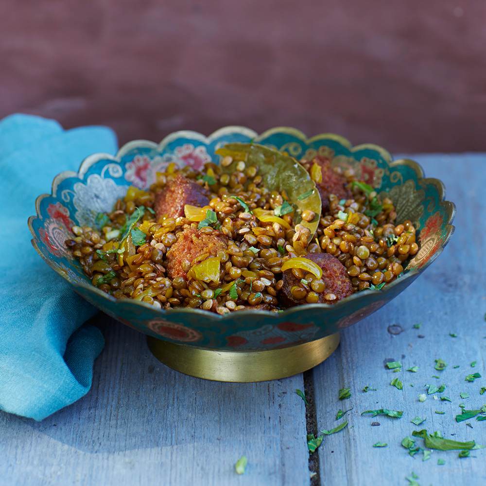 Linzen met saffraan & rauwe ham